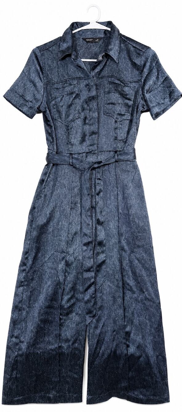 Women’s Size 8 Dark Blue Denim-Look Short Sleeve Wide-Leg Belted Jumpsuit
